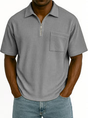 Men's Comfort Waffle Quarter Zip Fashion Casual POLO Shirt with Chest Pocket