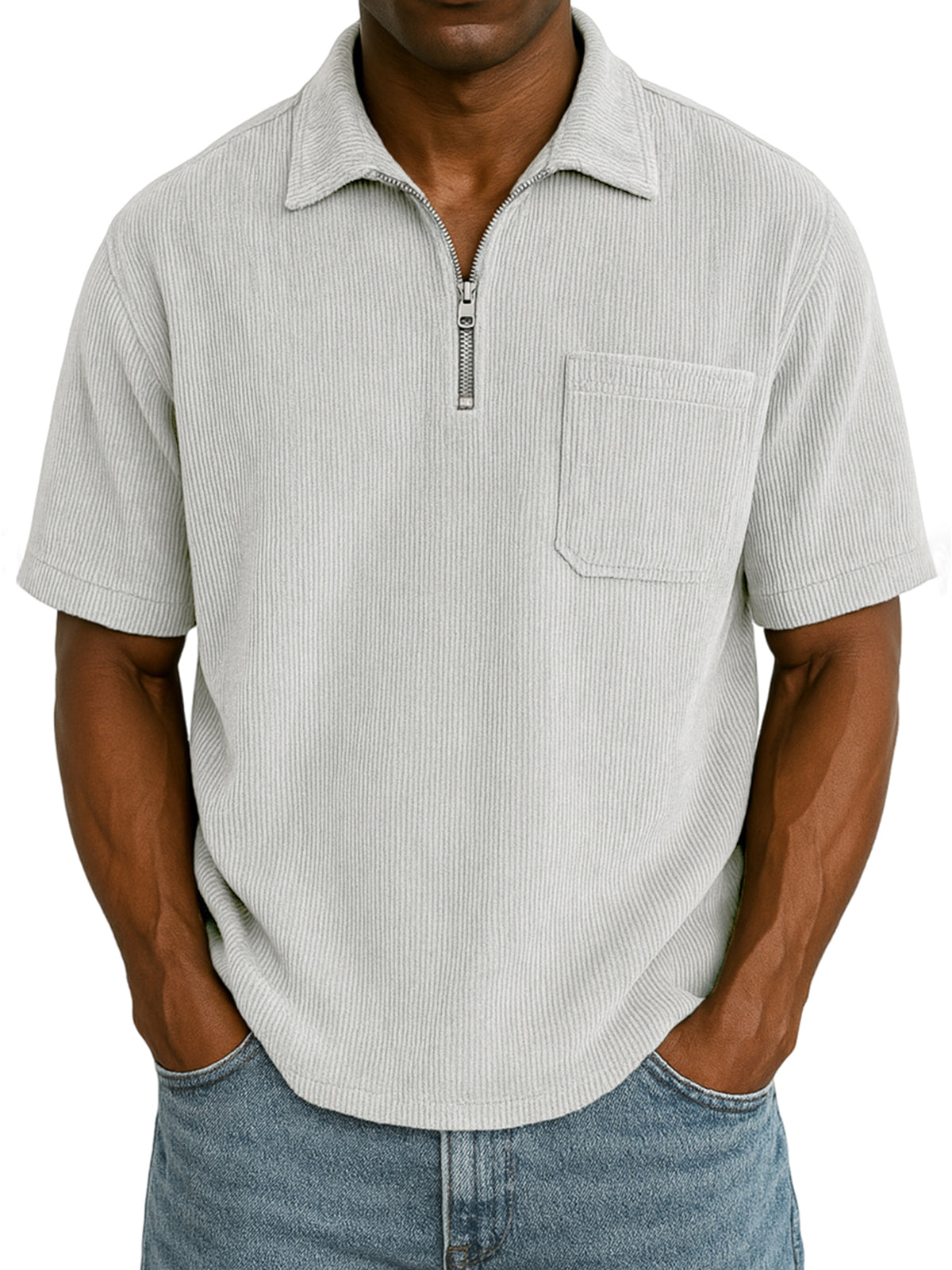 Men's Stylish Ribbed Pit Corduroy Quarter-Zip Casual Short Sleeve POLO Shirt