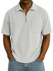 Men's Stylish Ribbed Pit Corduroy Quarter-Zip Casual Short Sleeve POLO Shirt