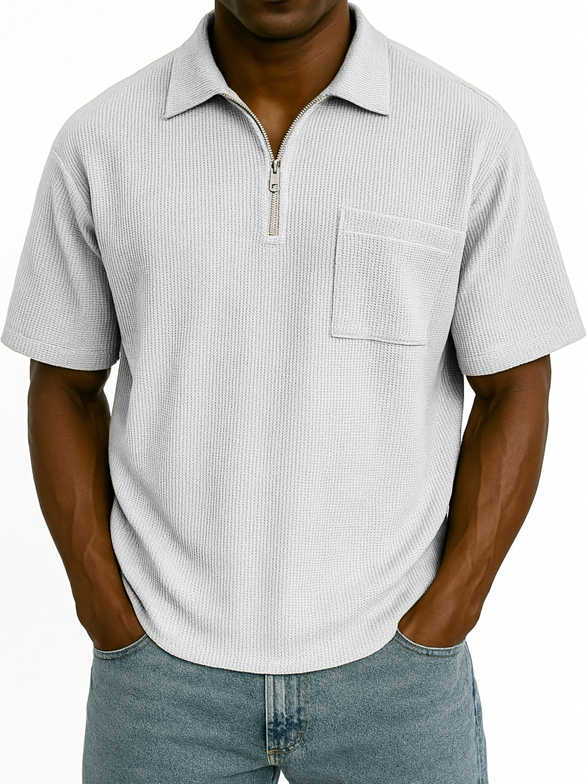 Men's Comfort Waffle Quarter Zip Fashion Casual POLO Shirt with Chest Pocket
