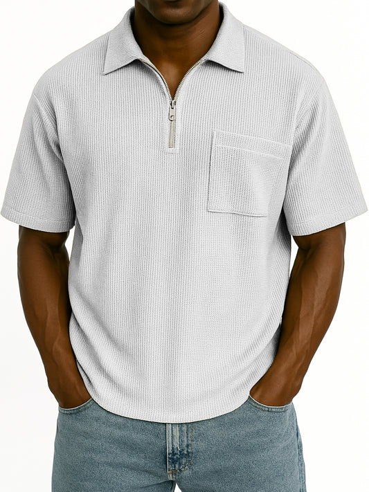 Men's Comfort Waffle Quarter Zip Fashion Casual POLO Shirt with Chest Pocket