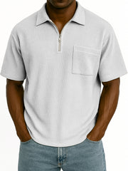 Men's Comfort Waffle Quarter Zip Fashion Casual POLO Shirt with Chest Pocket