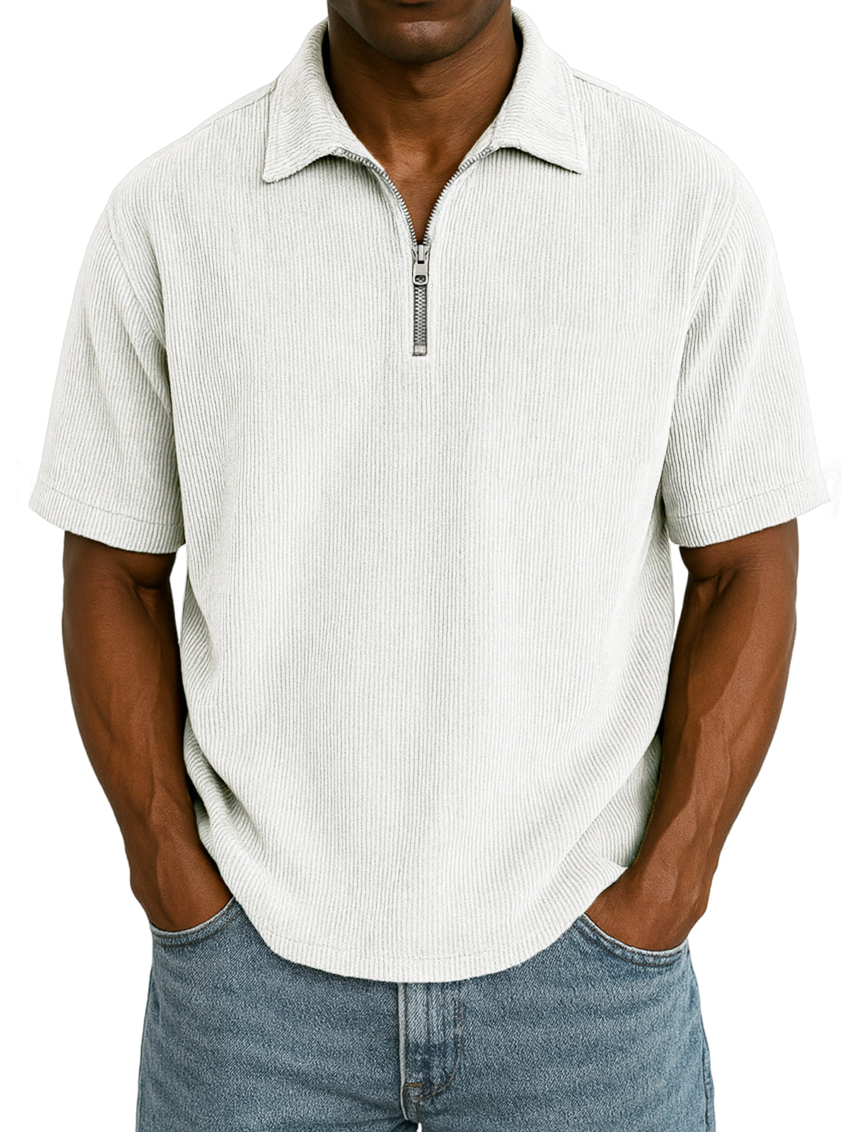 Men's Stylish Rib Corduroy Quarter-Zip Casual Short Sleeve POLO Shirt