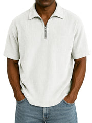 Men's Stylish Rib Corduroy Quarter-Zip Casual Short Sleeve POLO Shirt