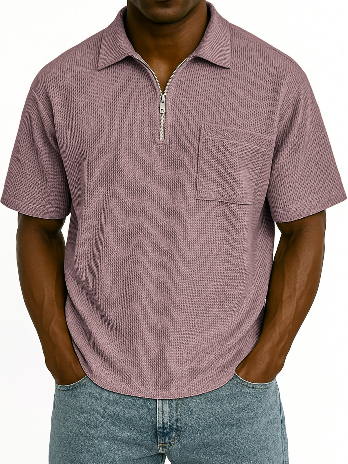 Men's Comfort Waffle Quarter Zip Fashion Casual POLO Shirt with Chest Pocket