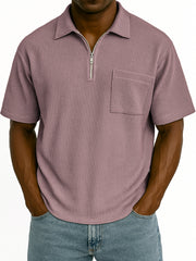 Men's Comfort Waffle Quarter Zip Fashion Casual POLO Shirt with Chest Pocket