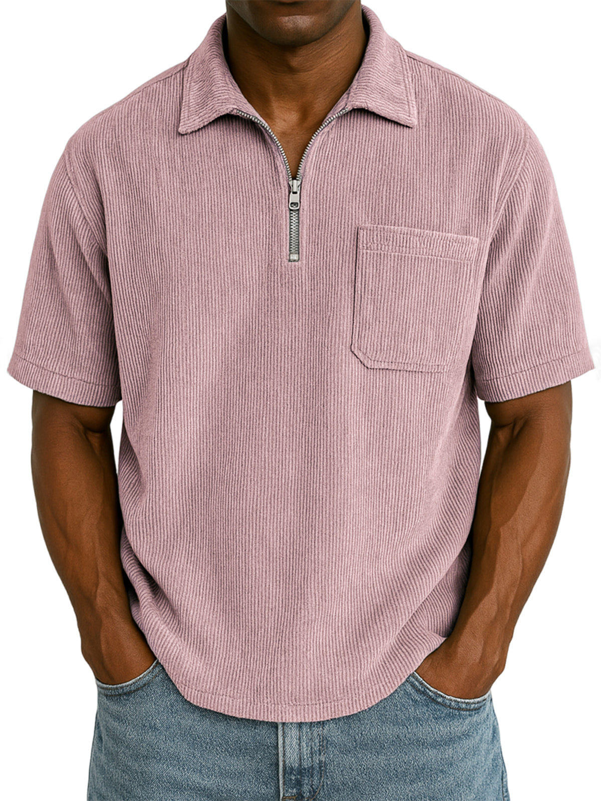 Men's Stylish Ribbed Pit Corduroy Quarter-Zip Casual Short Sleeve POLO Shirt