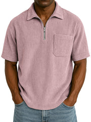 Men's Stylish Ribbed Pit Corduroy Quarter-Zip Casual Short Sleeve POLO Shirt
