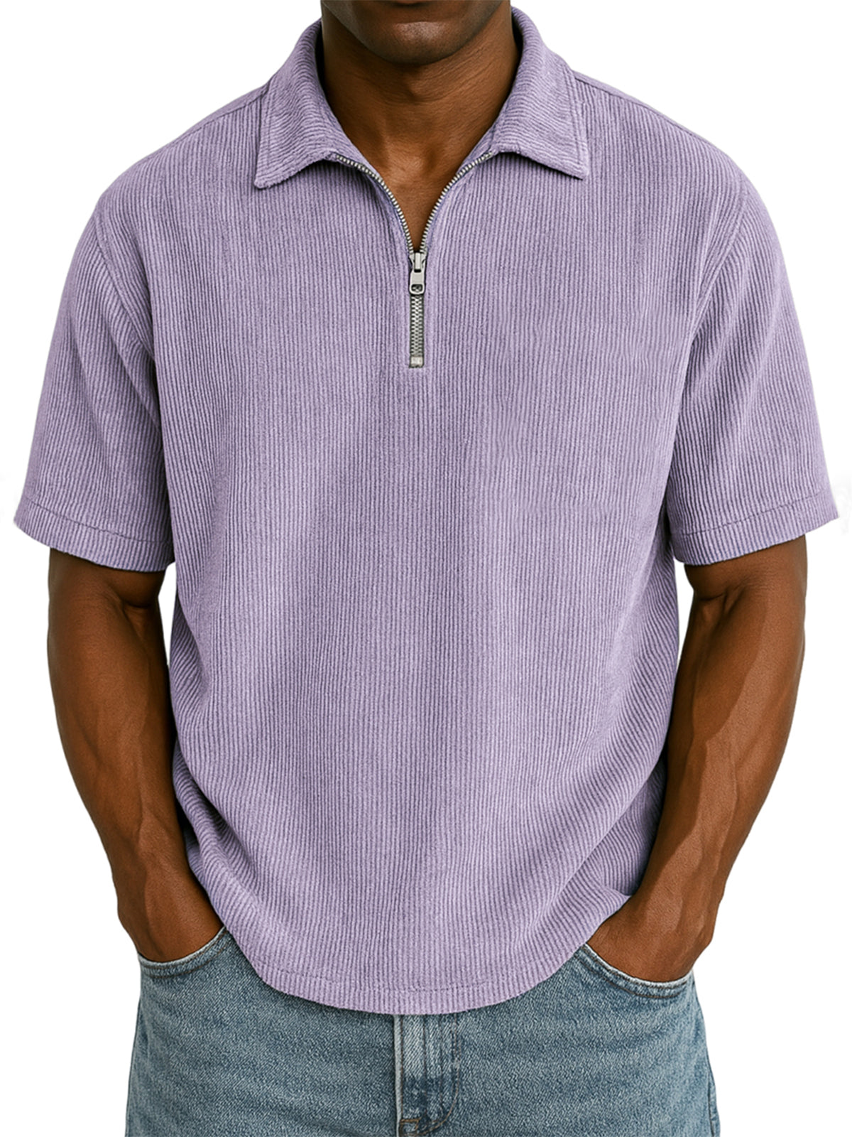 Men's Stylish Rib Corduroy Quarter-Zip Casual Short Sleeve POLO Shirt