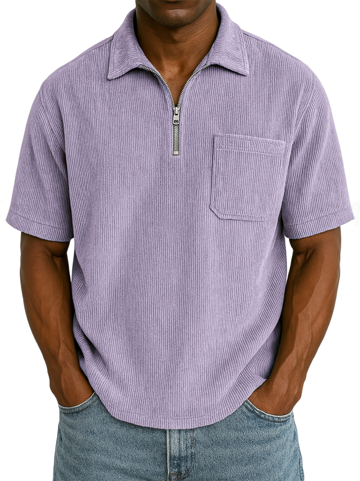 Men's Stylish Ribbed Pit Corduroy Quarter-Zip Casual Short Sleeve POLO Shirt