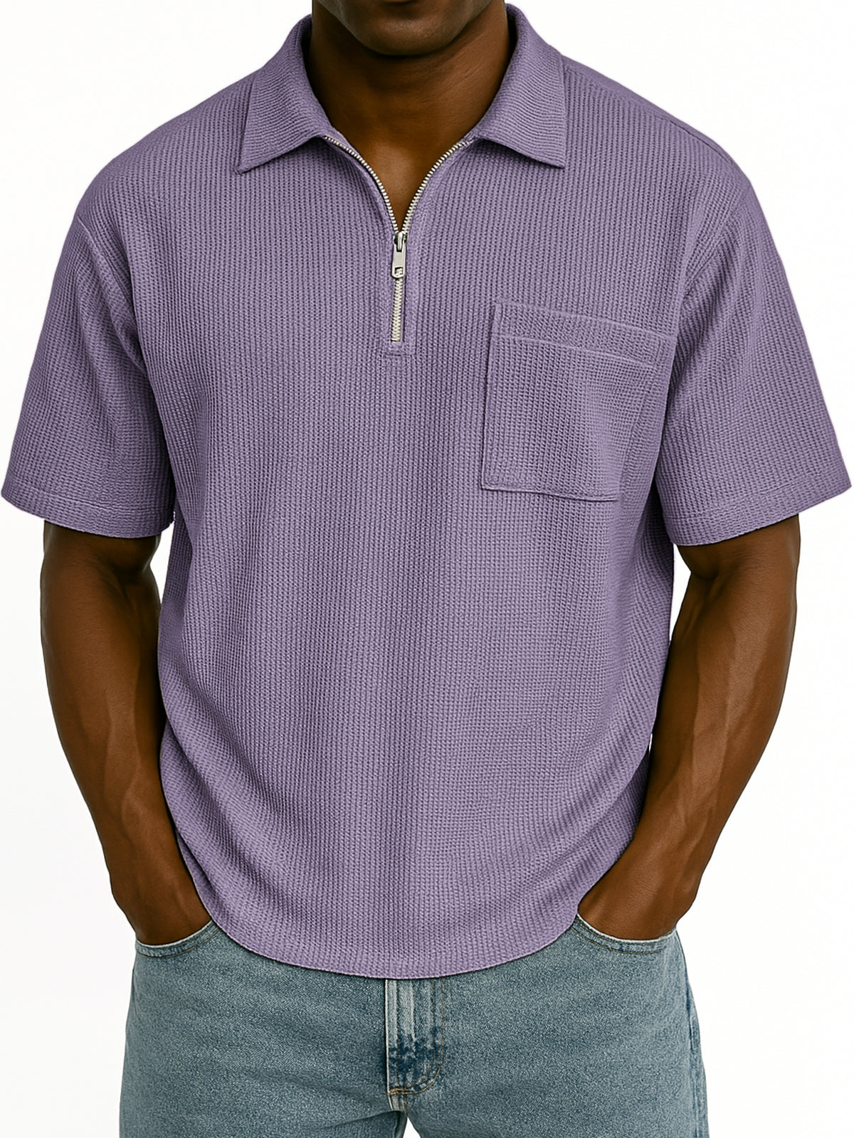 Men's Comfort Waffle Quarter Zip Fashion Casual POLO Shirt with Chest Pocket
