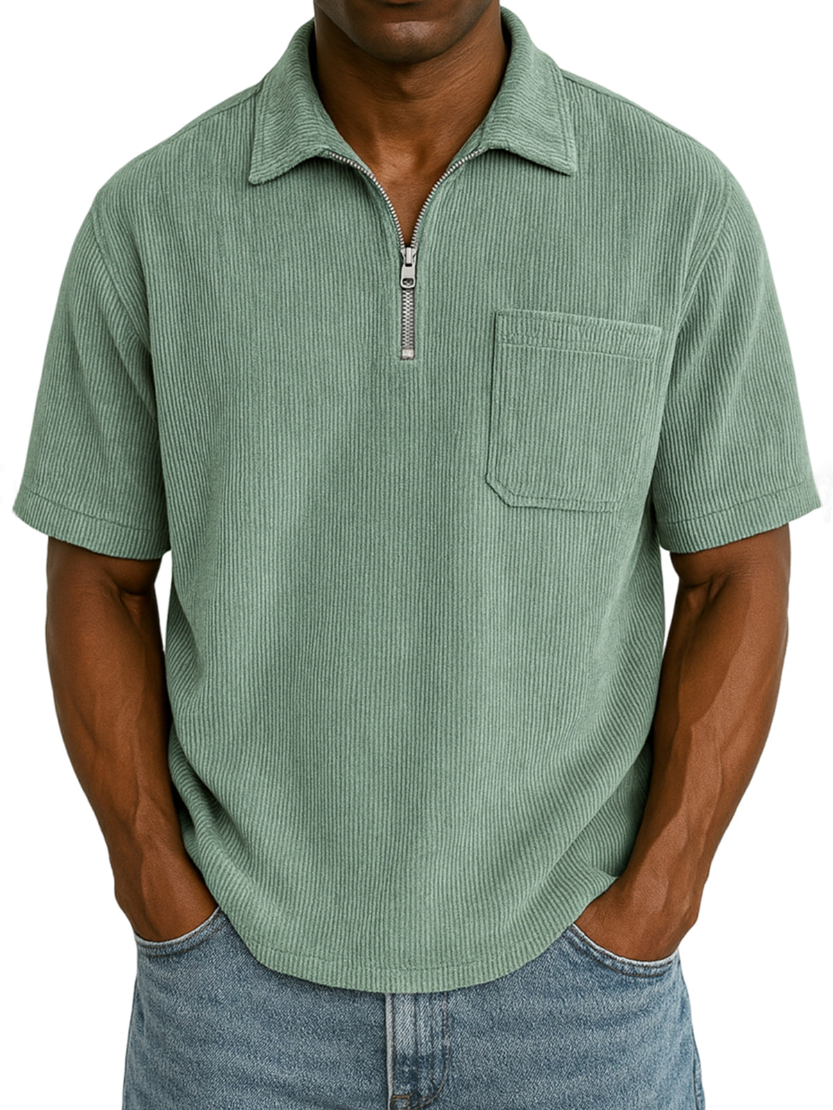 Men's Stylish Ribbed Pit Corduroy Quarter-Zip Casual Short Sleeve POLO Shirt