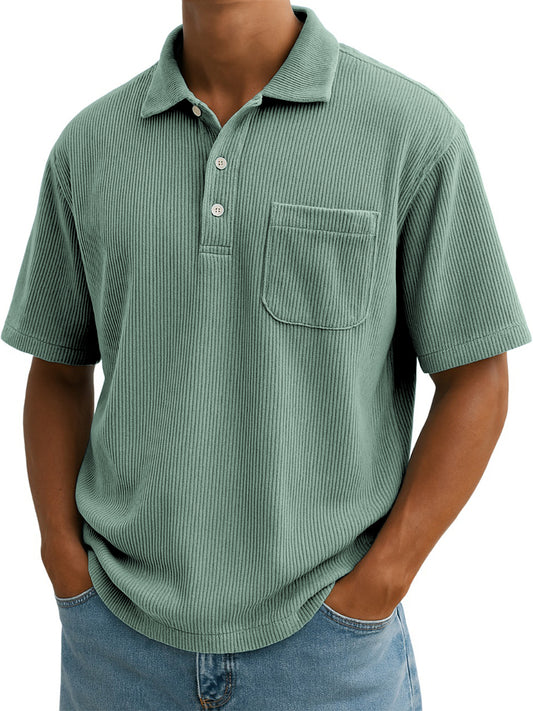 Men's Vintage Corduroy Vertical Striped Button POLO Shirt With Chest Pocket