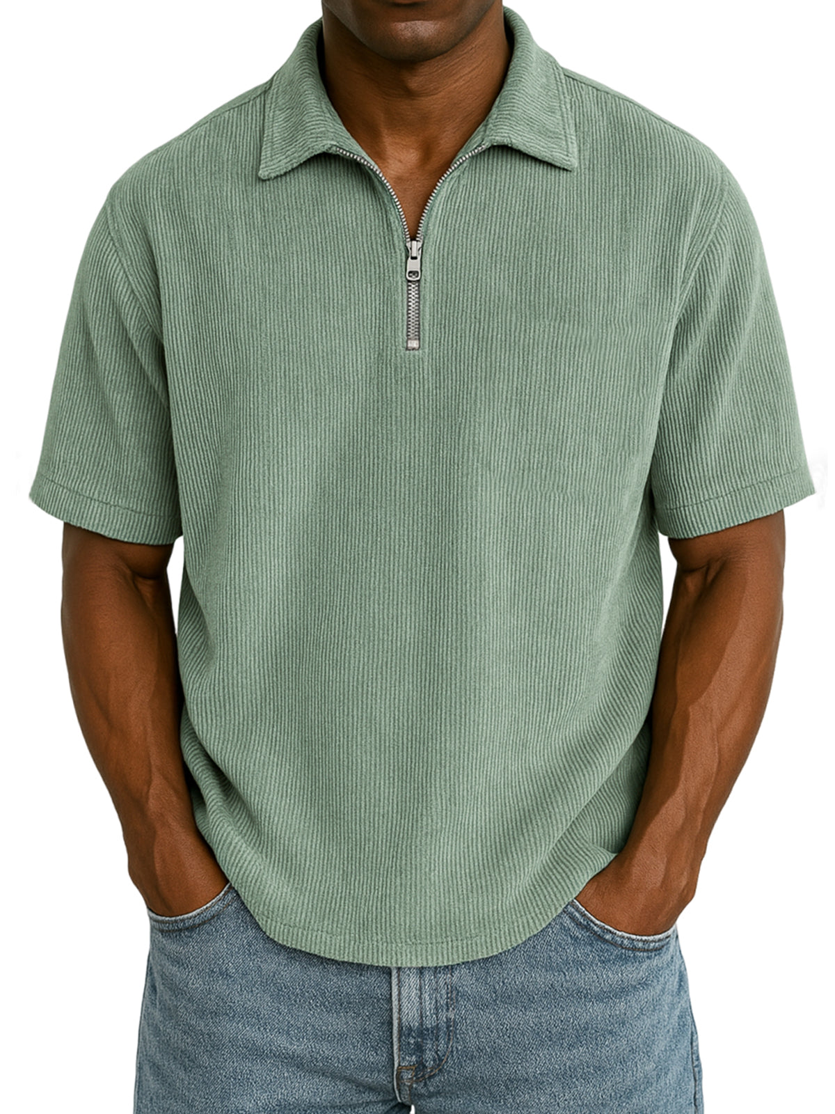 Men's Stylish Rib Corduroy Quarter-Zip Casual Short Sleeve POLO Shirt