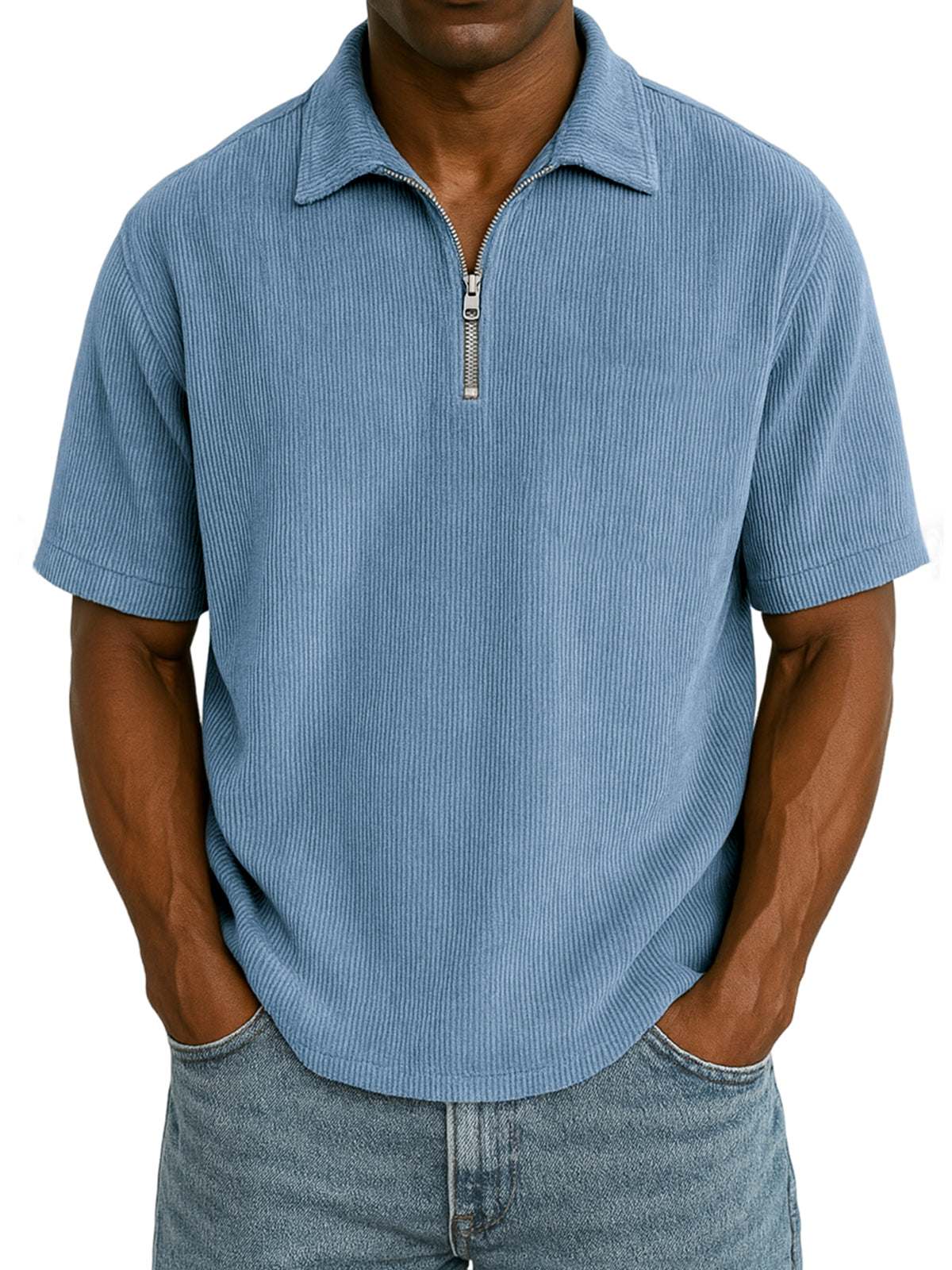 Men's Stylish Rib Corduroy Quarter-Zip Casual Short Sleeve POLO Shirt