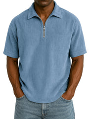 Men's Stylish Rib Corduroy Quarter-Zip Casual Short Sleeve POLO Shirt