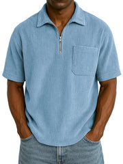 Men's Stylish Ribbed Pit Corduroy Quarter-Zip Casual Short Sleeve POLO Shirt