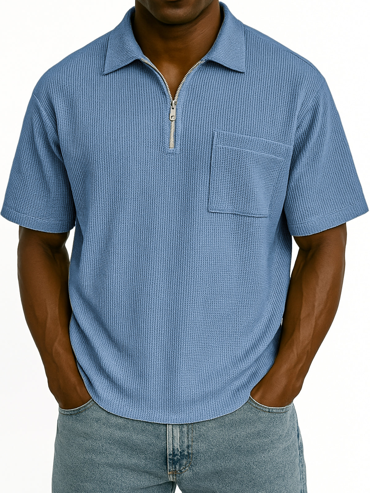 Men's Comfort Waffle Quarter Zip Fashion Casual POLO Shirt with Chest Pocket