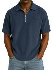 Men's Stylish Rib Corduroy Quarter-Zip Casual Short Sleeve POLO Shirt