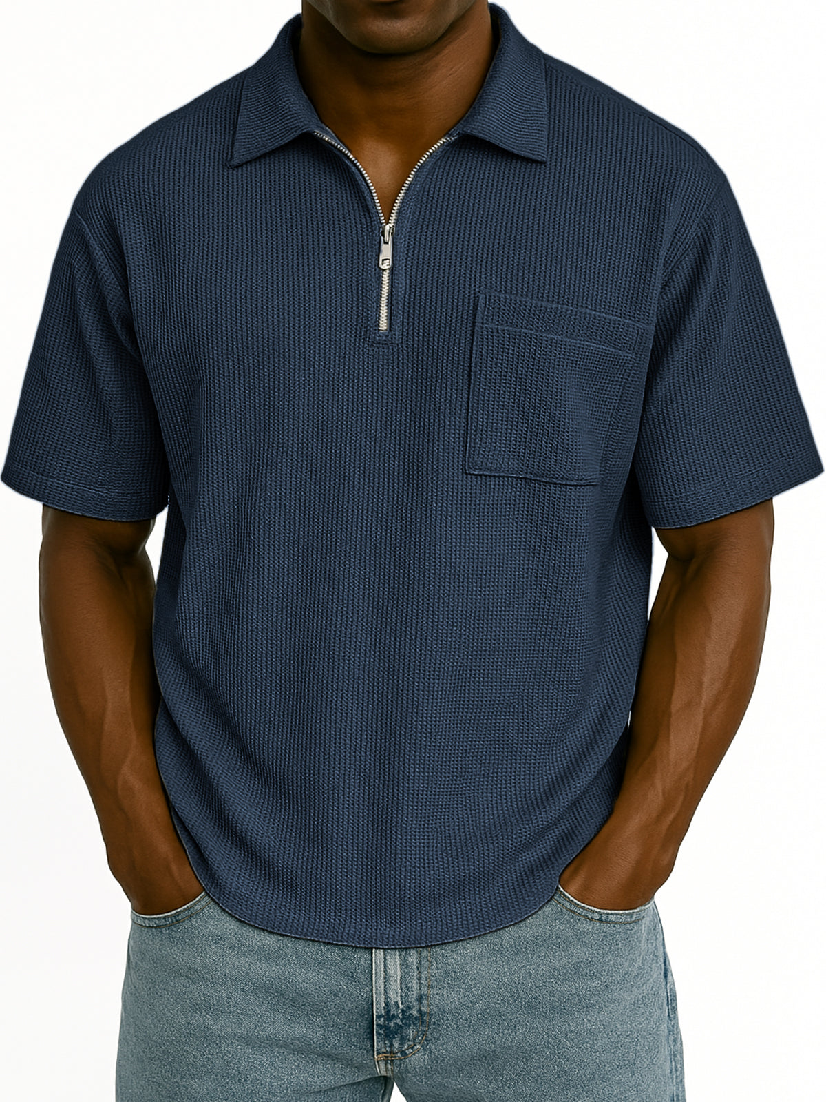 Men's Comfort Waffle Quarter Zip Fashion Casual POLO Shirt with Chest Pocket