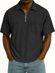 Men's Comfort Waffle Quarter Zip Fashion Casual POLO Shirt with Chest Pocket