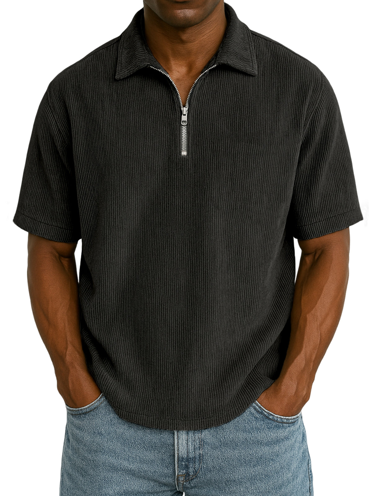 Men's Stylish Rib Corduroy Quarter-Zip Casual Short Sleeve POLO Shirt