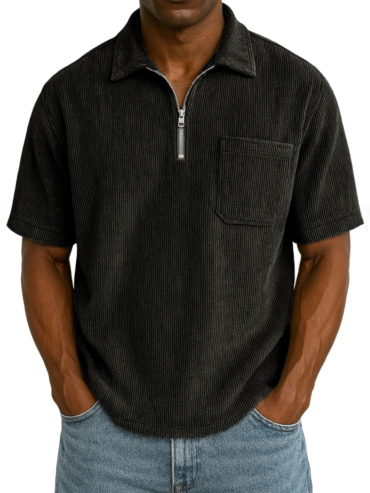 Men's Stylish Ribbed Pit Corduroy Quarter-Zip Casual Short Sleeve POLO Shirt