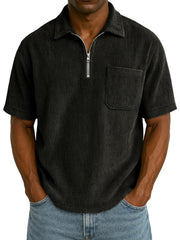 Men's Stylish Ribbed Pit Corduroy Quarter-Zip Casual Short Sleeve POLO Shirt
