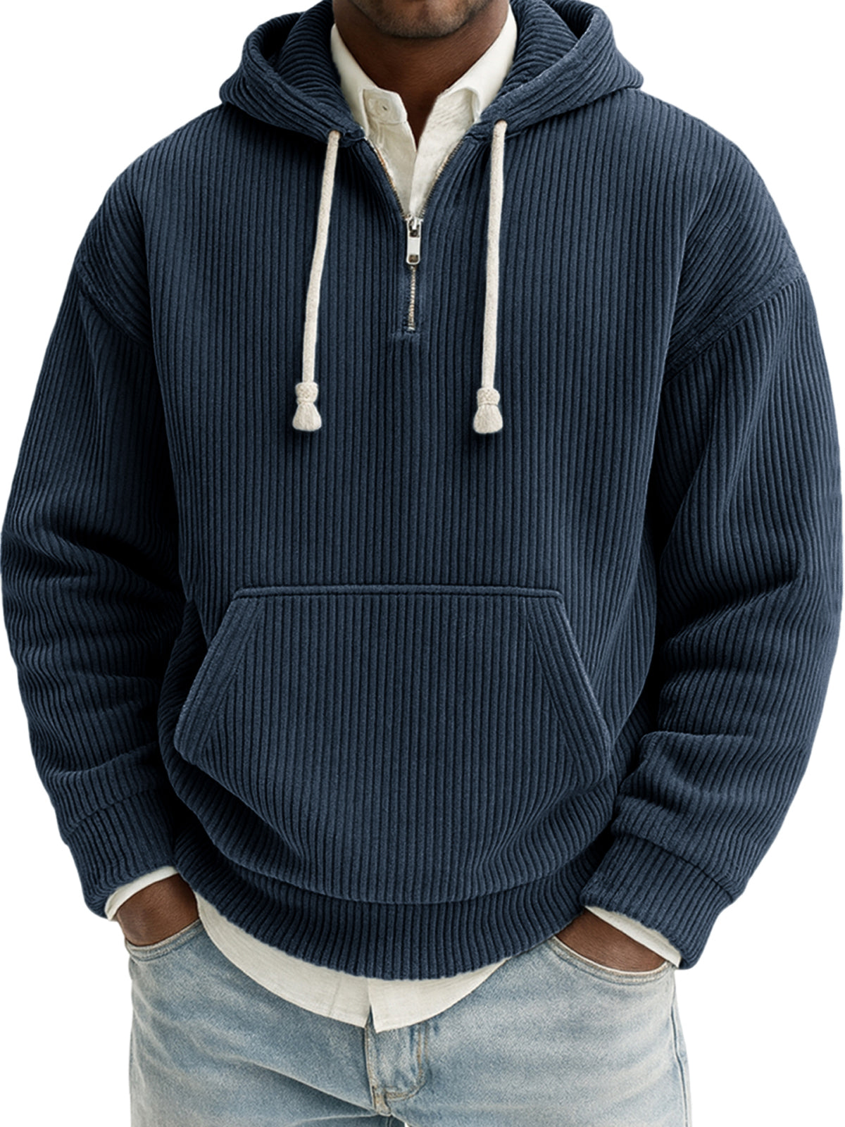 Men's Stylish Quarter-zip Corduroy Ribbed Casual Pullover Hooded Sweatshirt
