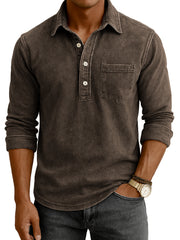 Men's Vintage Distressed Casual Daily Long-sleeve Polo Shirt with Chest Pocket