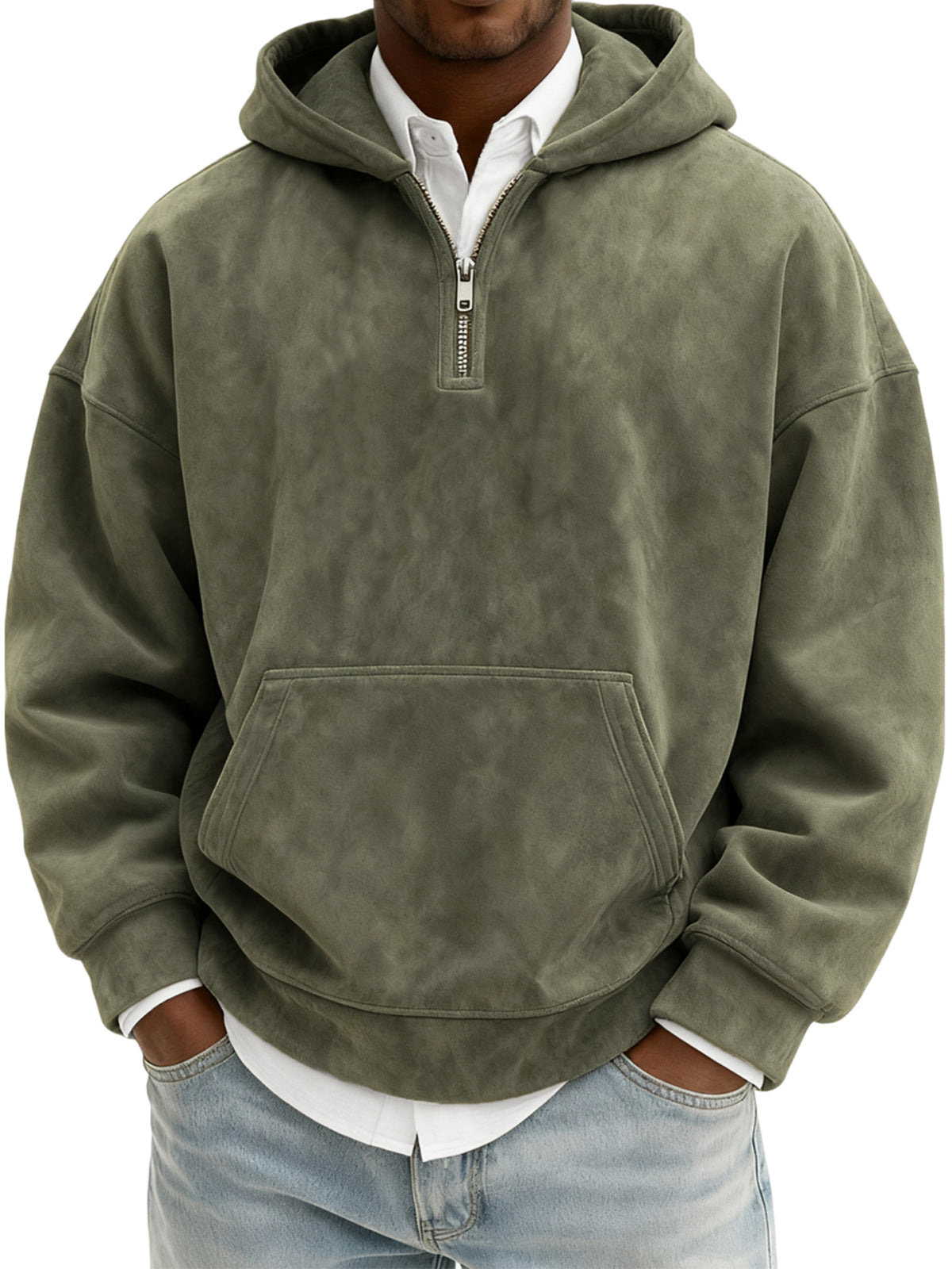 Men's Vintage Suede Quarter-Zip Hooded Sweatshirt with Kangaroo Pocket