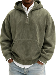 Men's Vintage Suede Quarter-Zip Hooded Sweatshirt with Kangaroo Pocket