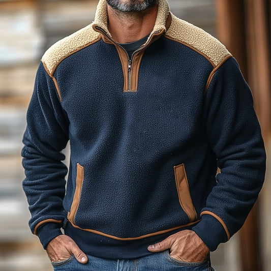 Men's Vintage Fleece Color Block Stand Collar Quarter Zip Sweatshirt