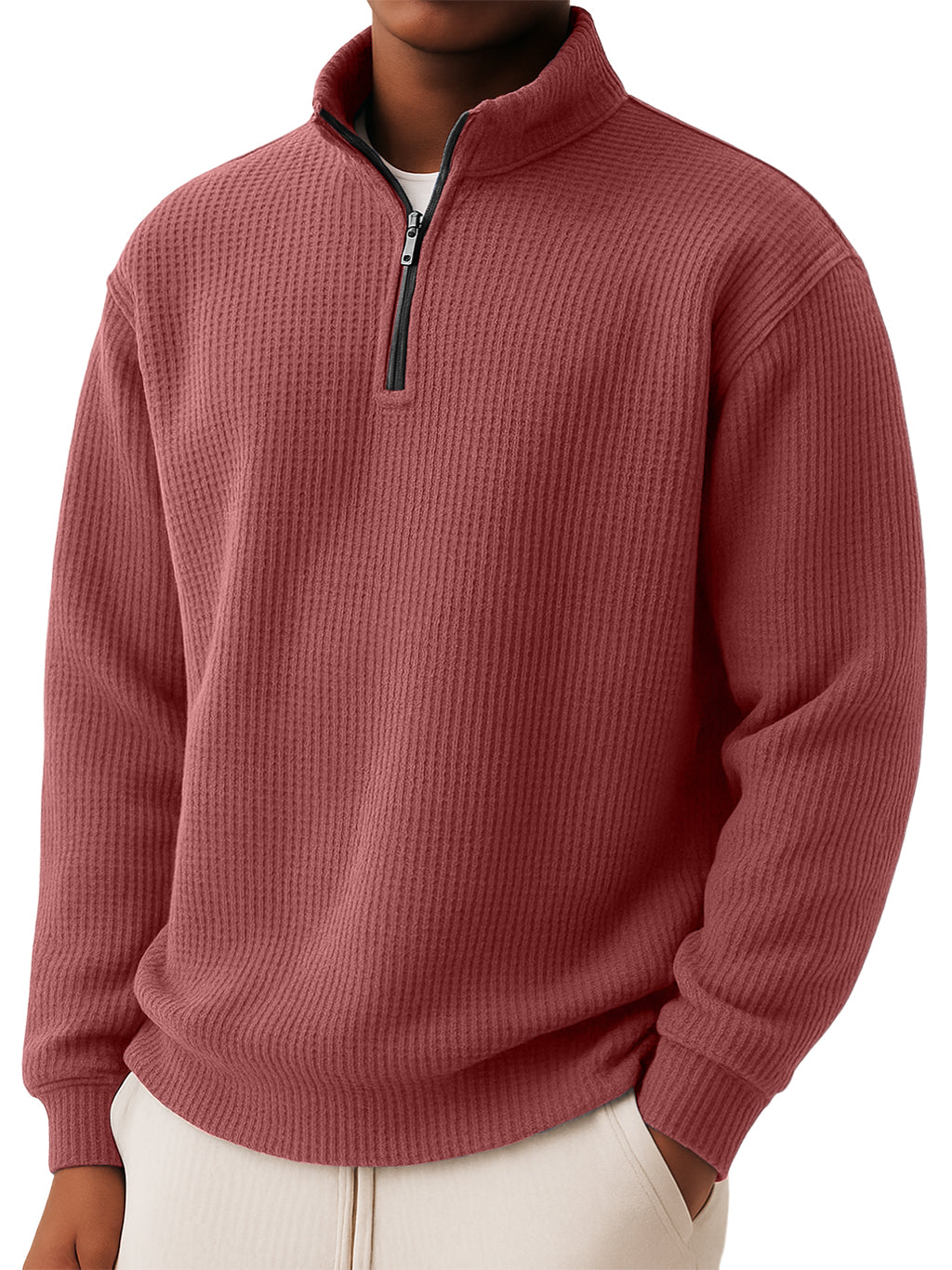 Men's Casual Simple Waffle Quarter Zip Long Sleeved T-shirt.