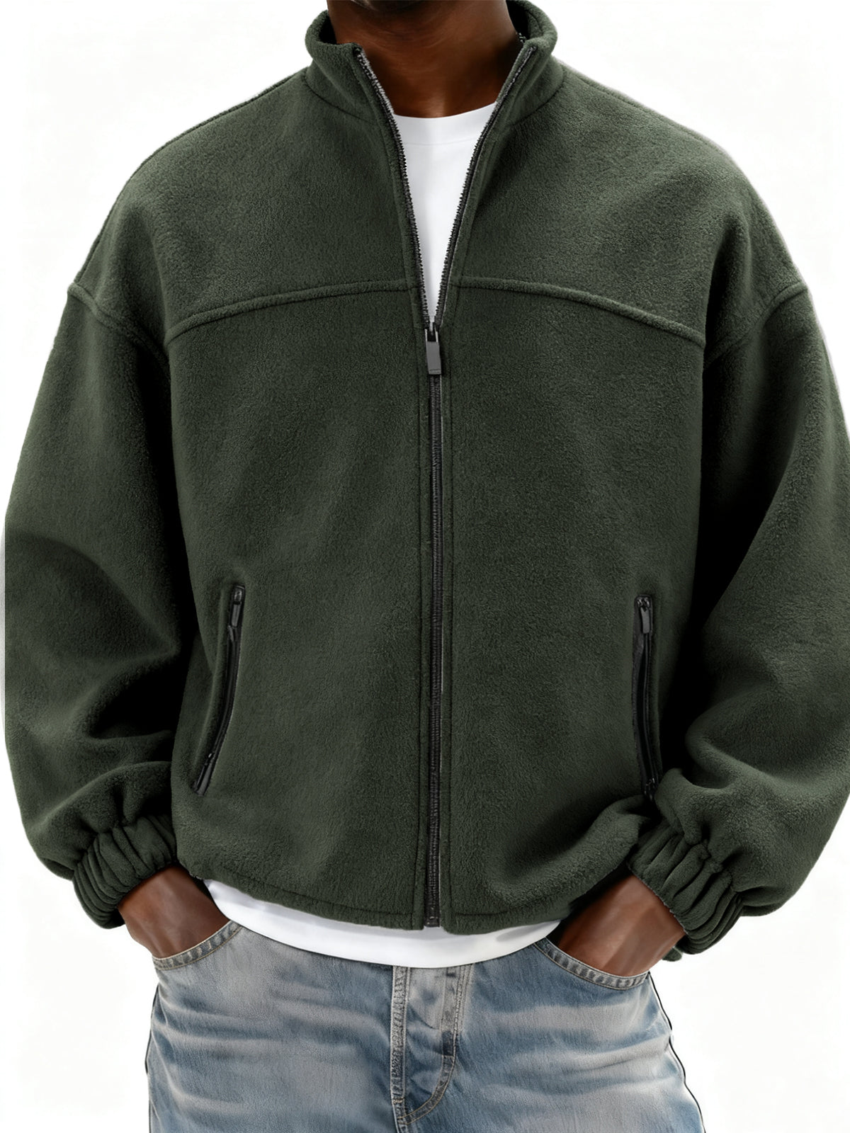 Men's Fleece Full Zip Stand Collar Jacket with Side Pockets
