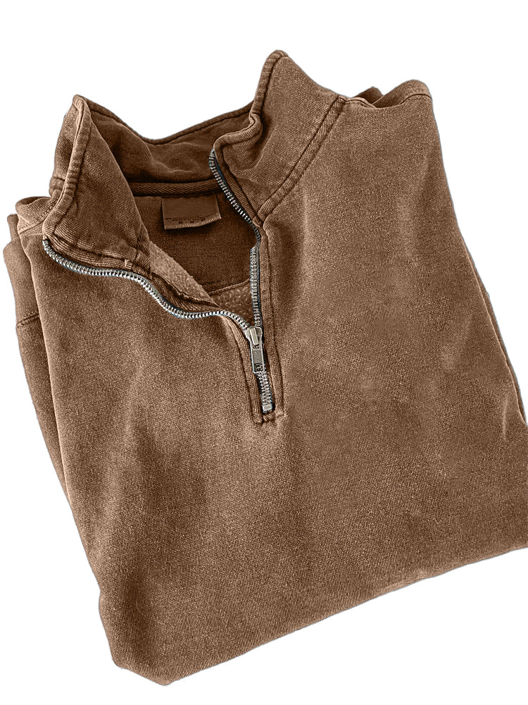 Men's Quarter Zip Distressed Washed Cotton Zipper Long Sleeve Sweatshirt