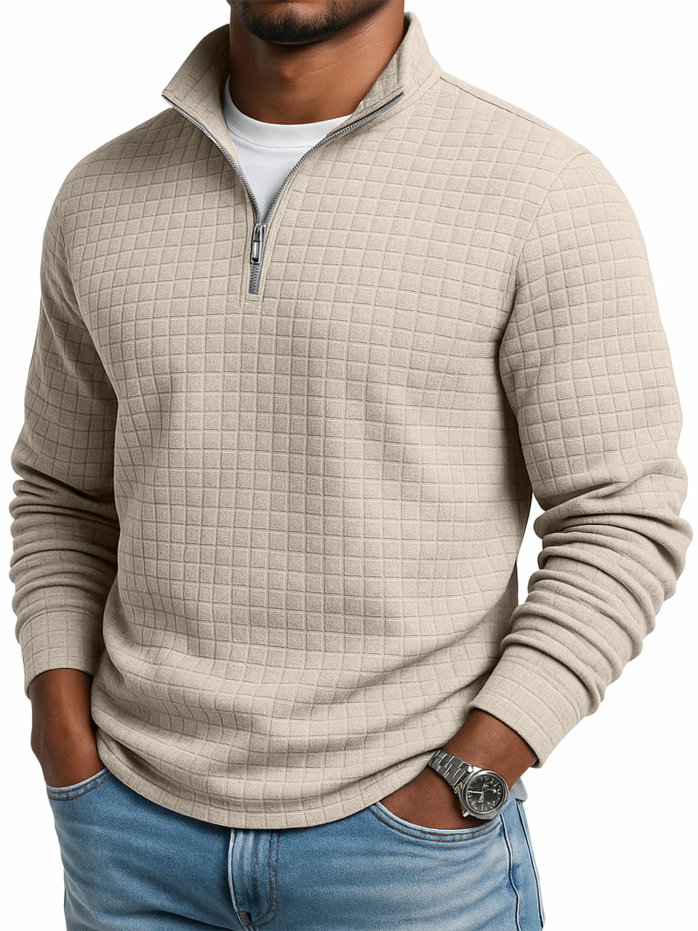 Men's Casual Solid Color Large Waffle Quarter Zip Stand Collar Sweatshirt