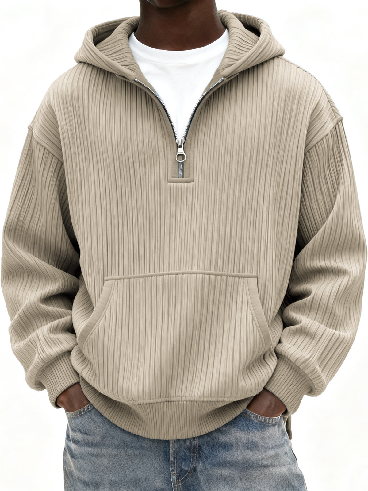 Men's Ribbed Quarter Zip Hoodie with Kangaroo Pocket