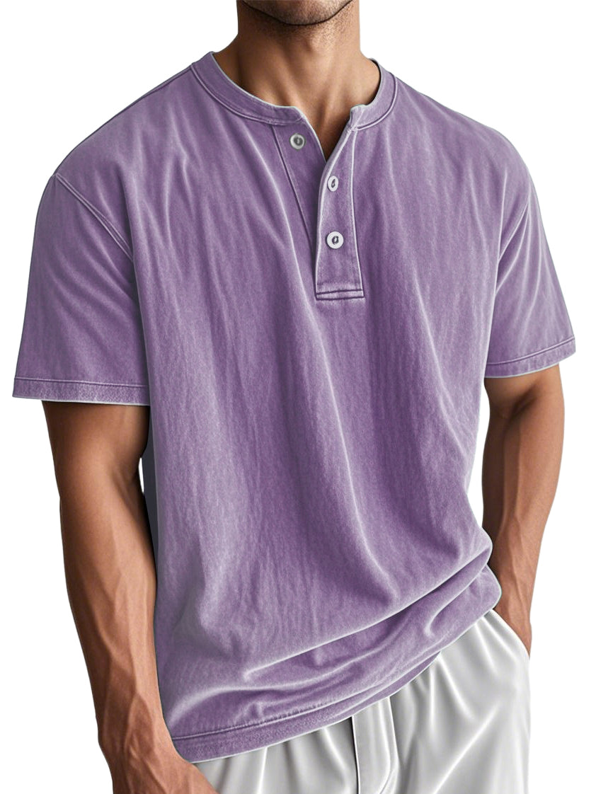 Men's Washed And Distressed Cotton Vintage Henley Collar Short-sleeved T-shirt