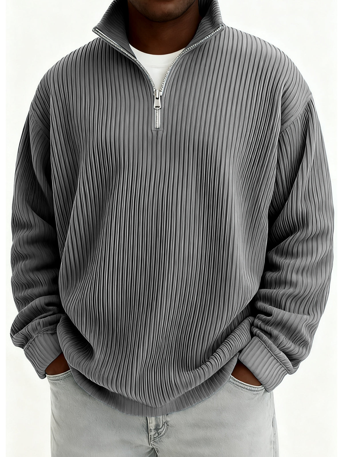 Men's Quarter-Zip Stylish Pleated Ribbed Pullover