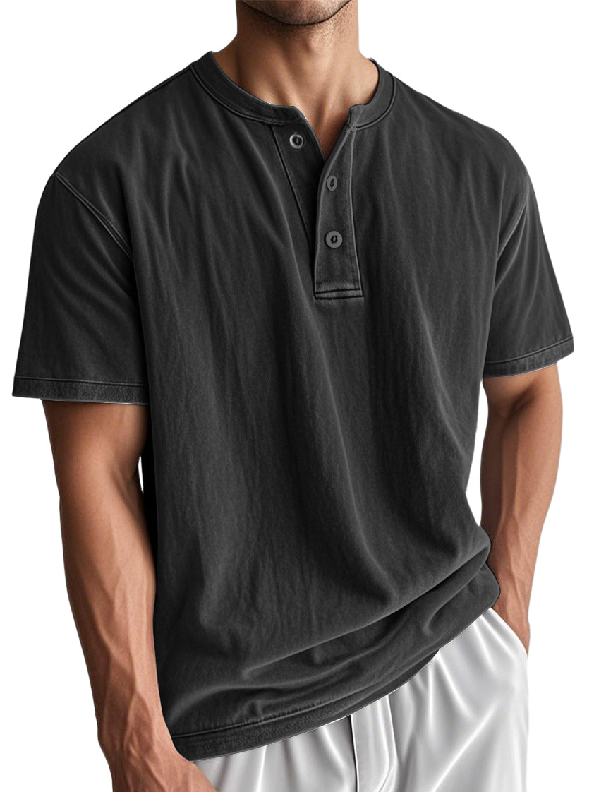 Men's Washed And Distressed Cotton Vintage Henley Collar Short-sleeved T-shirt