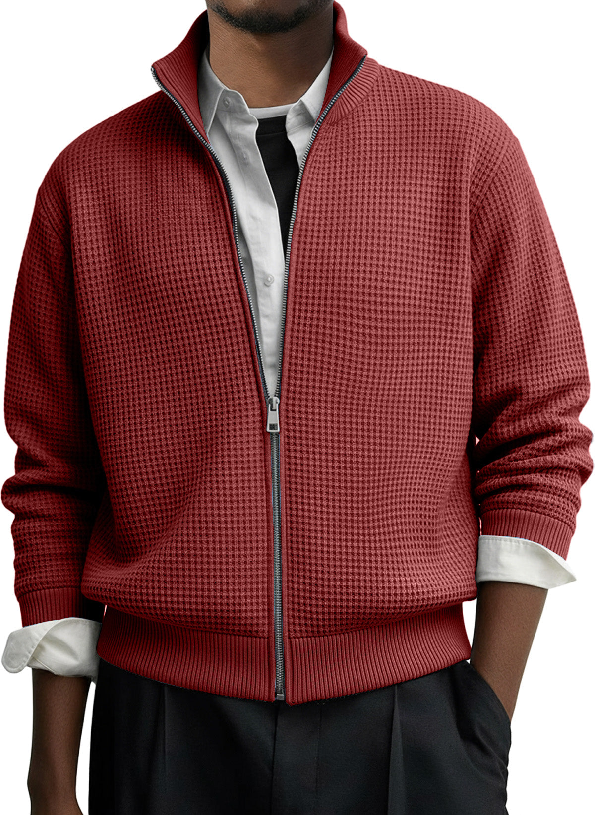 Men's Casual Solid Waffle Zip-up Long Sleeved Jacket