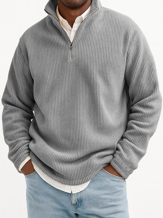 Men's Stylish Quarter-Zip Corduroy Ribbed Polo Sweatshirt