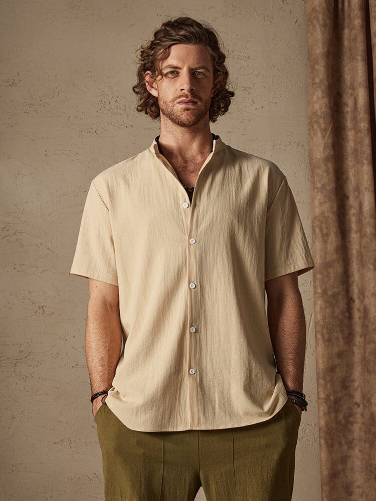 Classic Casual Cotton and Linen Stand Collar Shirt