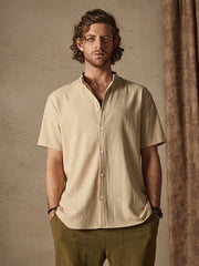 Classic Casual Cotton and Linen Stand Collar Shirt