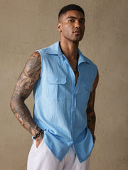 Cotton Linen Sleeveless Button Shirt with Pockets