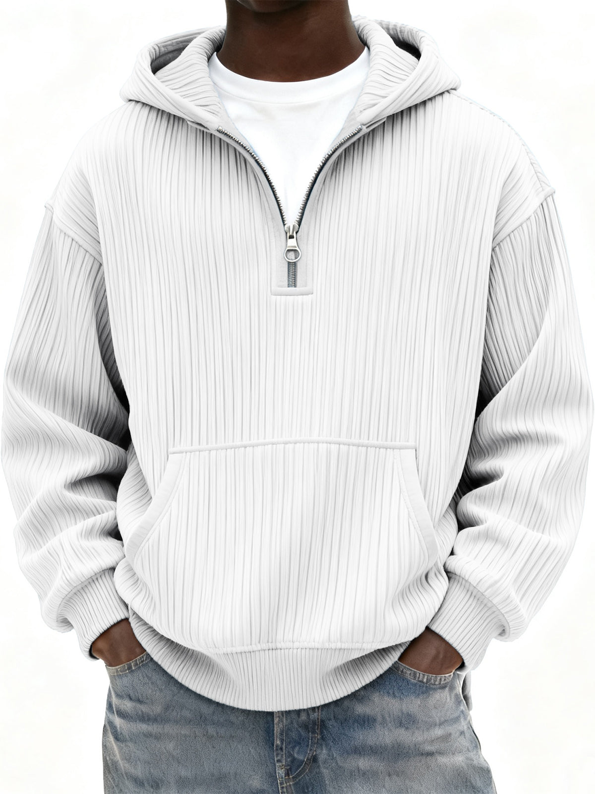 Men's Ribbed Quarter Zip Hoodie with Kangaroo Pocket