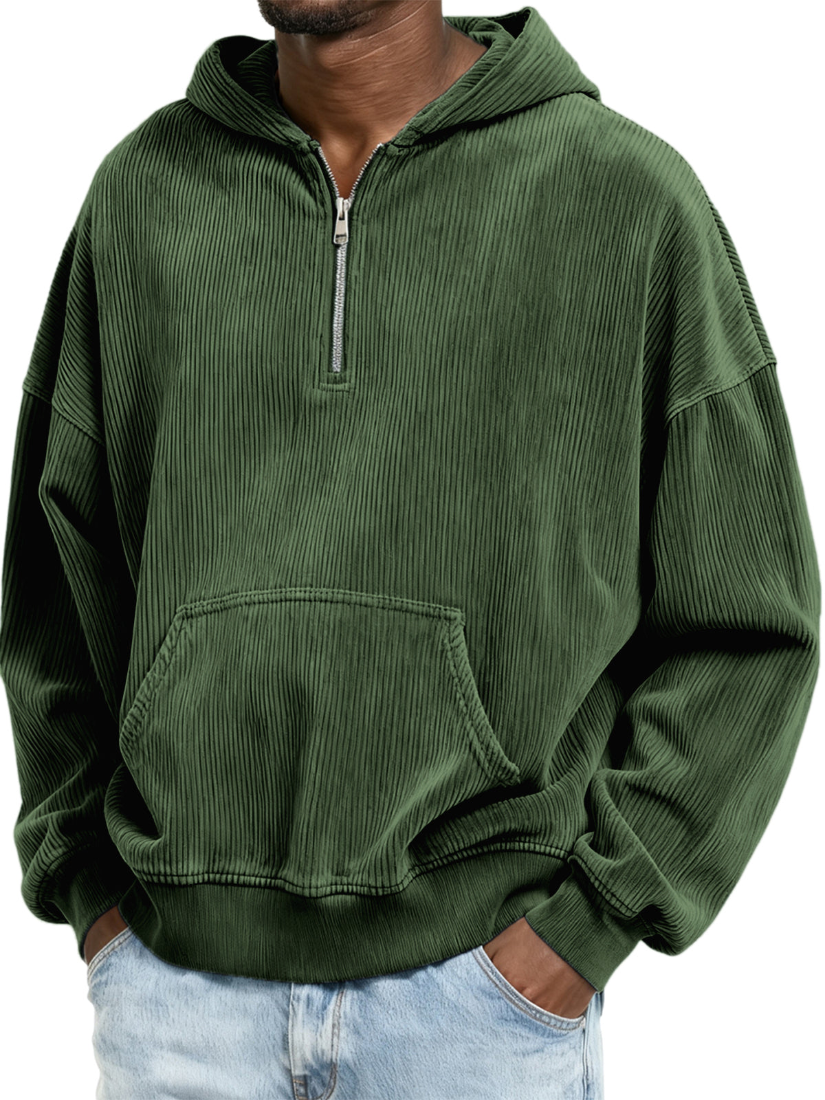 Corduroy Ribbed Stylish Quarter Zip Pullover Sweatshirt with Kangaroo Pocket