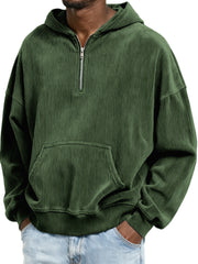 Corduroy Ribbed Stylish Quarter Zip Pullover Sweatshirt with Kangaroo Pocket