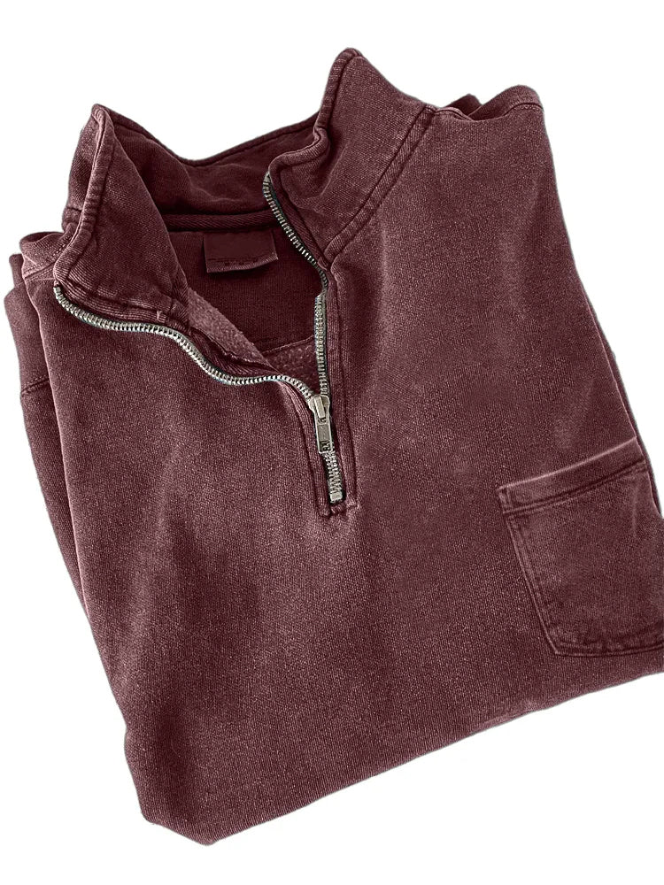 Men's Quarter-zip Distressed Washed Cotton Pocket Zippered Long-sleeved Sweatshirt
